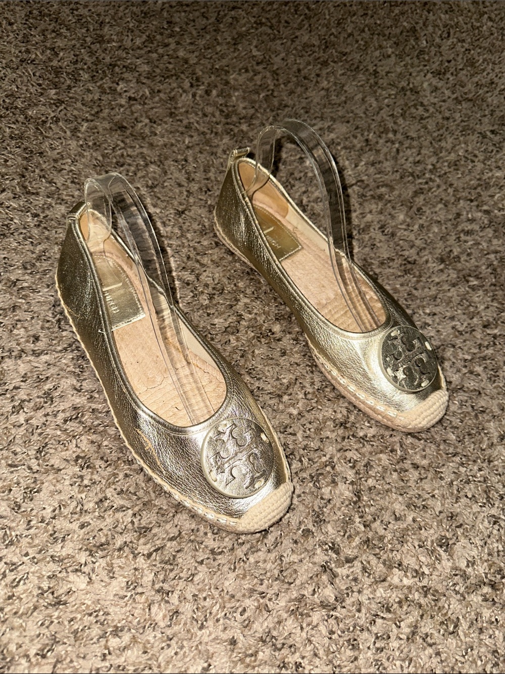 Tory Burch Metallic Gold Leather Espadrille Flats with Logo